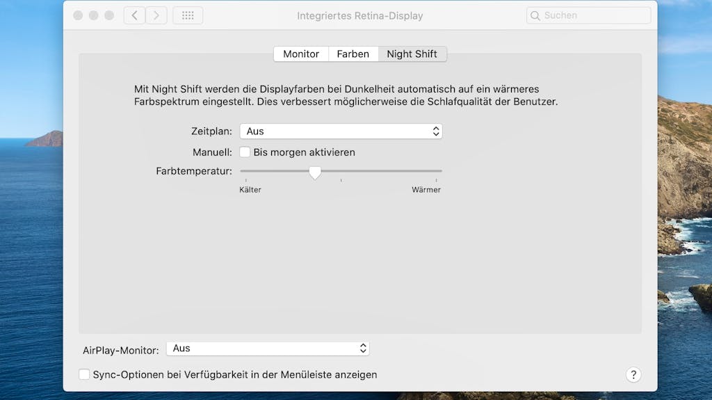 Auf macOS heisst der Nachtmodus Night Shift und lässt sich in den Einstellungen unter «Monitore» aktivieren.