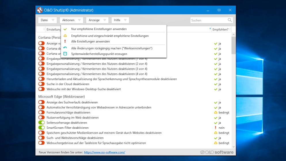 Privatsphäre unter Windows 10 schützen. Mit Klick auf «Aktionen» -> «Nur empfohlene Einstellungen anwenden» kann dann in einem Schritt alle Datensammelaktivitäten von Windows 10 unterbinden.