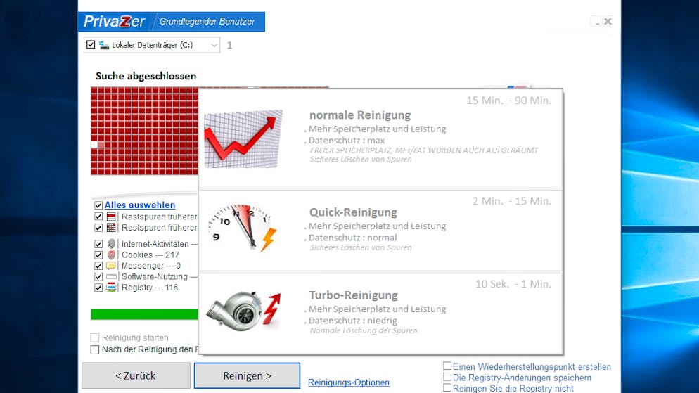 Privatsphäre unter Windows 10 schützen. Ist die Analyse abgeschlossen, kann man nun Privazer den Computer säubern lassen.