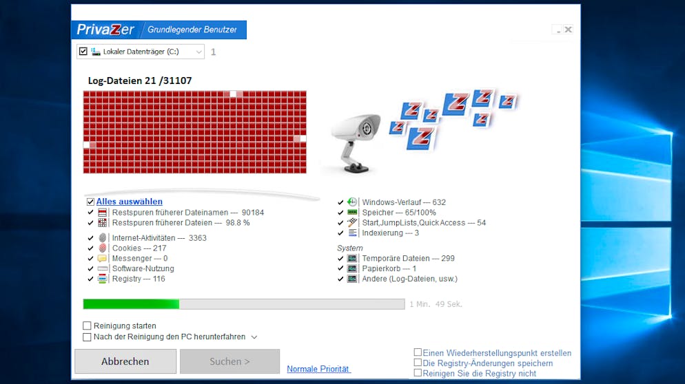 Privatsphäre unter Windows 10 schützen. Nun untersucht das Programm den PC auf Datenspuren. Dieser Vorgang kann eine Weile dauern.