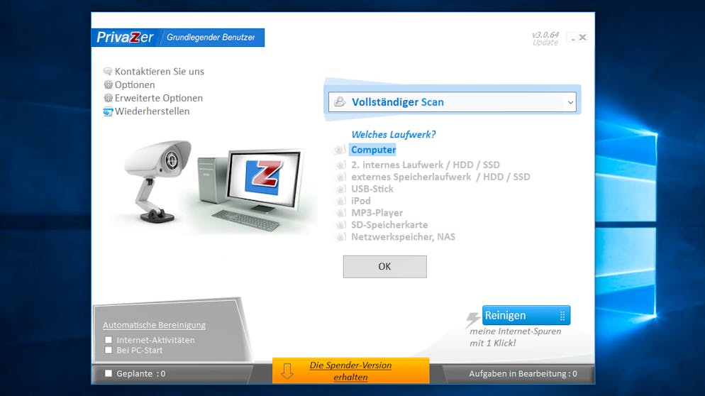 Privatsphäre unter Windows 10 schützen. Zur Löschung bereits entstandener Datenspuren bietet sich die die App Privazer. Nach dem Start wählt man einen Scan des gesamten Computers aus.