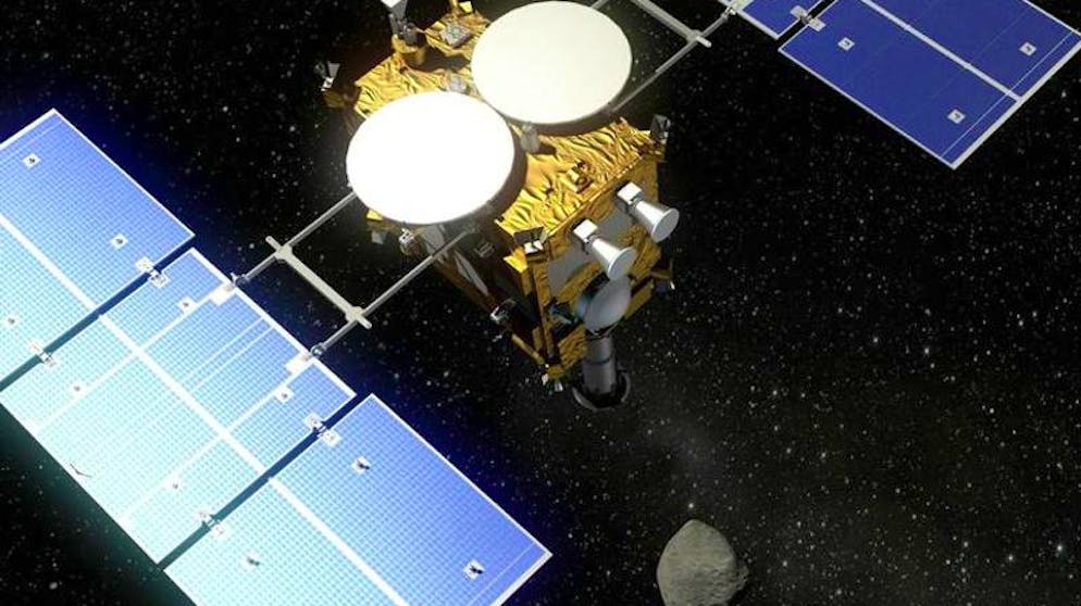 Landung der japanische Raumsonde «Hayabusa2» auf dem Asteroiden «Ryugu». Die japanische Raumsonde «Hayabusa2» ist erfolgreich auf «Ryugu» gelandet und hat gleich mal ein Loch in den Asteroiden gesprengt.