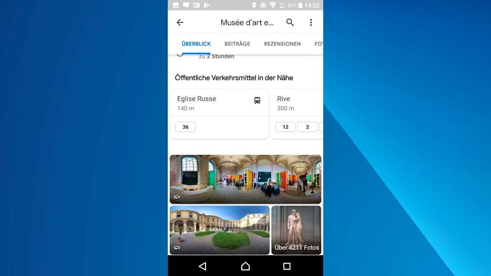Google Maps als perfekter Reisebegleiter. Srollt man noch etwas weiter runter, sieht man die am nächsten gelegenen Haltestellen des ÖV. Dieses Feature gibt es bisher nur in der Android-Version von Google Maps.