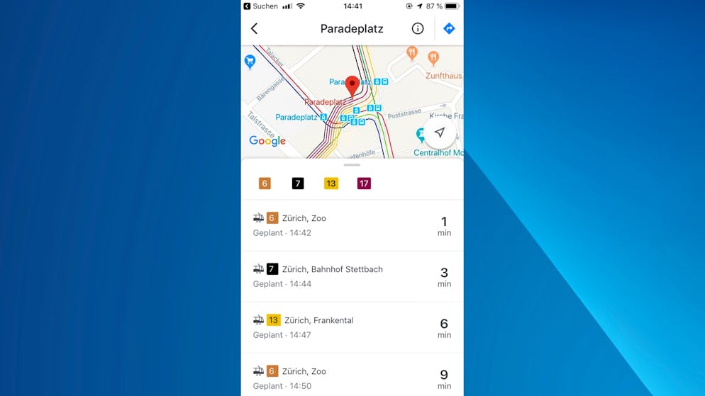 Google Maps als perfekter Reisebegleiter. Steht man gerade an einer ÖV-Haltstelle, kann man deren Symbol in der Karte berühren und bekommt die nächsten Abfahrten angezeigt --  in vielen Städten sogar in Echtzeit.
