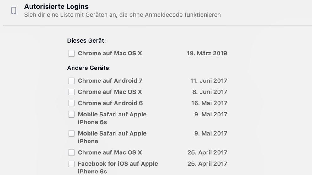 Das Facebook-Konto absichern. In regelmässigen Abständen sollte auch die Liste der autorisierten Logins überprüft werden. Finden sich hier längst nicht mehr genutzte Geräte, sollten diese entfernt werden.
