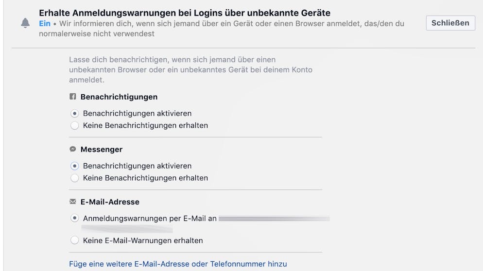 Das Facebook-Konto absichern. Schliesslich sollte man auch noch Anmeldewarnungen aktivieren. Hier gibt es eine Benachrichtigung per E-Mail, wenn man sich auf einem neuen Gerät bei Facebook einloggt.