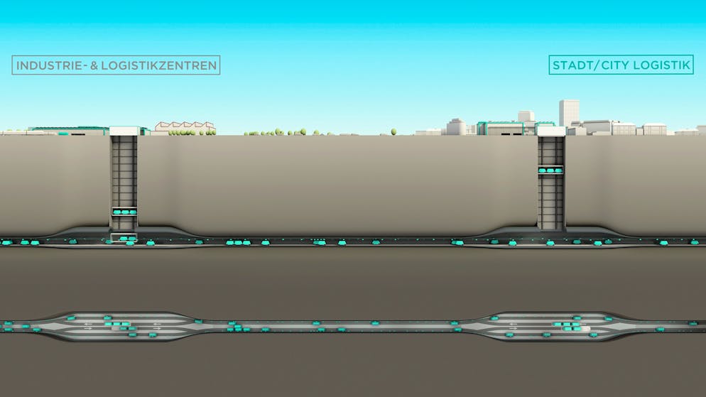 Cargo Sous Terrain: Güter unter die Erde. Das Konzept sieht vor, dass Güter in ein Logistikzentrum geliefert und von dort aus unterirdisch in die Städte gefahren werden.