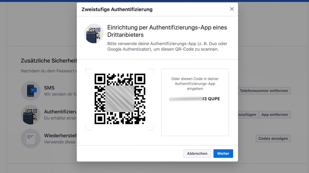 Das Facebook-Konto absichern. Hier kann man etwa die Google Authenticator-App verwenden. Mit dieser muss ein QR eingescannt werden.