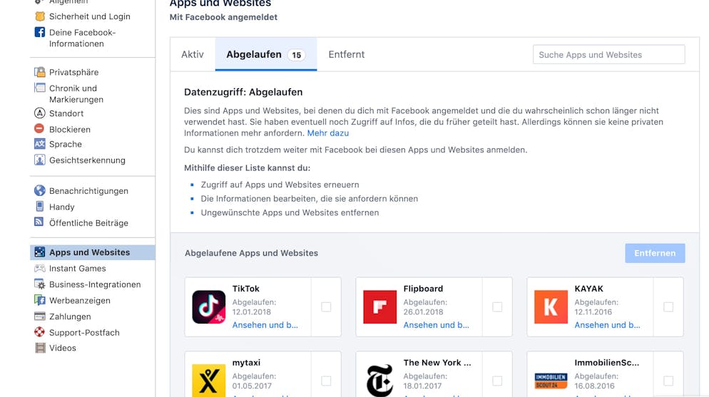 Das Facebook-Konto absichern. Auch welchen Apps man Zugriff auf das Facebook-Konto gestattet hat, sollte regelmässig kontrolliert werden. Das geht in den Einstellungen unter «Apps und Websites». Hier sollte man nicht nur auf die aktiven Apps schauen, sondern auch die Verbindung zu abgelaufenen Apps kappen.