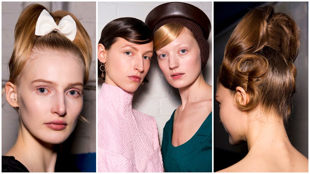 Extravaganter geht es bei Emilia Wickstead zu: Opulente Barockfrisuren mit auffälligen Schleifen und sleeke Waserwellen dominierten die Looks.