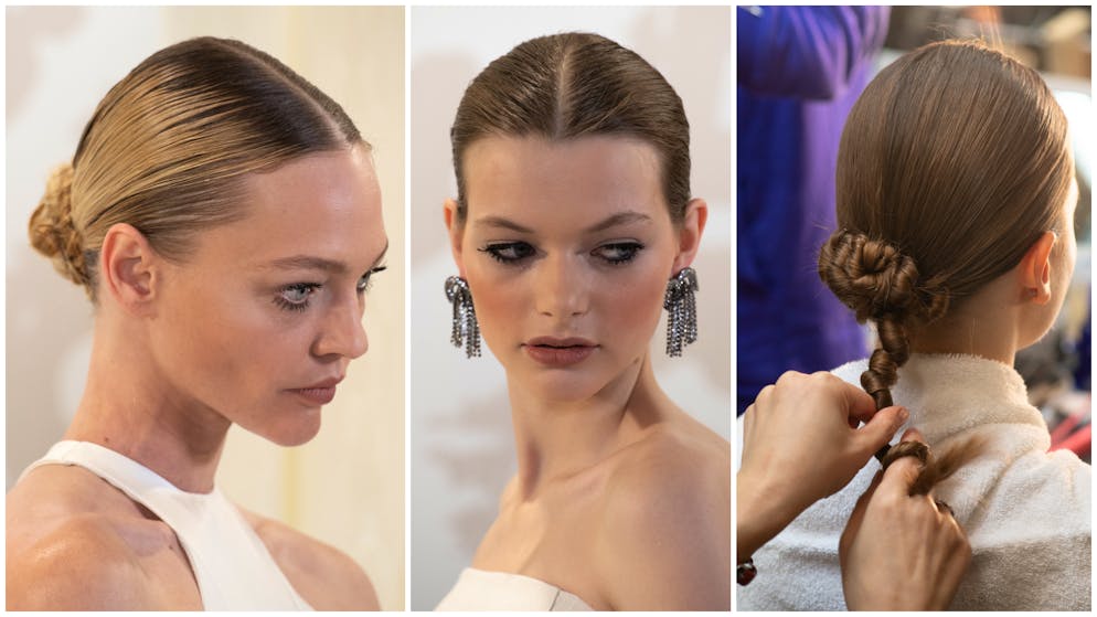 Mittelscheitel und strenge Zwirbeldutts dominierten bei Brandon Maxwell die Häupter der Models.