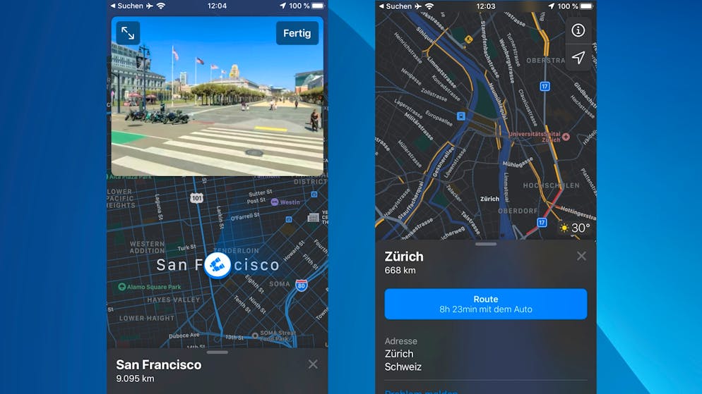 Das neue Apple Maps im Dark Mode mit Look Around — Apples Antwort auf Street View. Das ist allerdings nur in ausgewählten US-Städten verfügbar, in der Schweiz ändert sich bei Apple Maps erstmal wenig.
