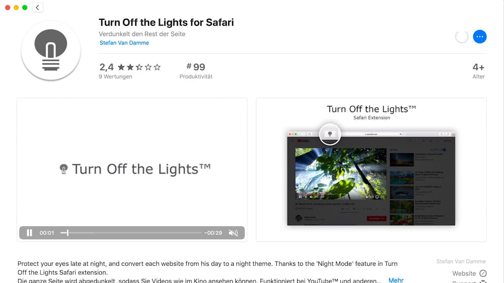 Safari mit Erweiterungen verbessern. Ein weiteres Safari-Addon für komfortables Videoschauen ist Turn Off the Lights.