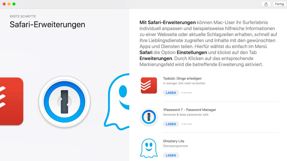 Safari mit Erweiterungen verbessern. Nun gelangt man zu den verfügbaren Safari-Erweiterungen. Seit 2018 lassen sich diese nur noch über den Mac App Store installieren, so dass das Angebot für Addons bei Safari deutlich kleiner ist als bei der Konkurrenz von Chrome und Firefox.