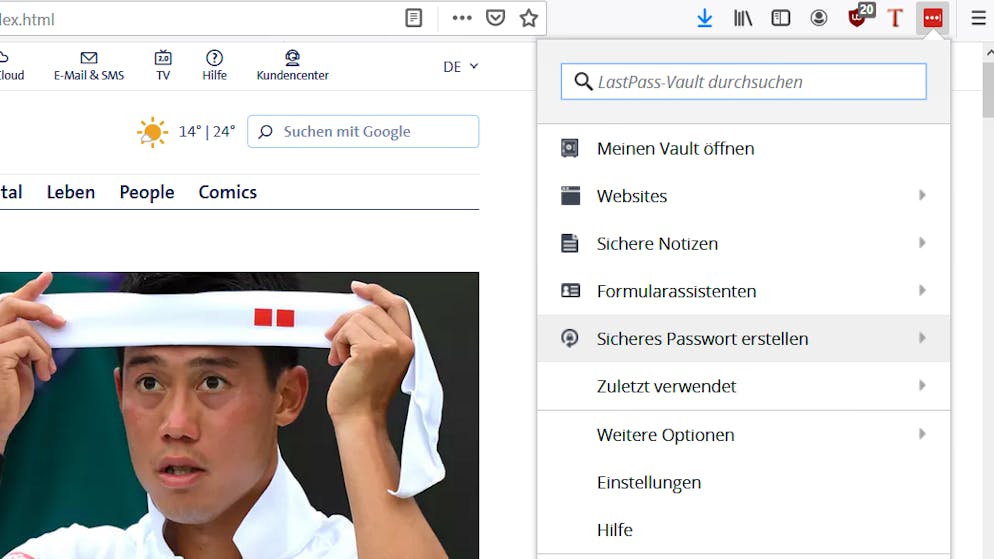 Leicht zu merkende Passwörter erstellen. Soll sich LastPass Passwörter ausdenken, klickt man dessen Icon im Browser an und wählt «Sicheres Passwort erstellen».