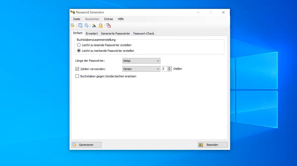 Leicht zu merkende Passwörter erstellen. Dann bietet die App aber schnell Hilfe bei der Erstellung von Passwörter. Man kann wählen zwischen «leicht zu lesenden» und «leicht zu merkenden» Passwörtern und über die Länge sowie das Vorhandensein von Nummern die Komplexität weiter verringen. Mit Klick auf «Generieren» geht die App an die Arbeit.