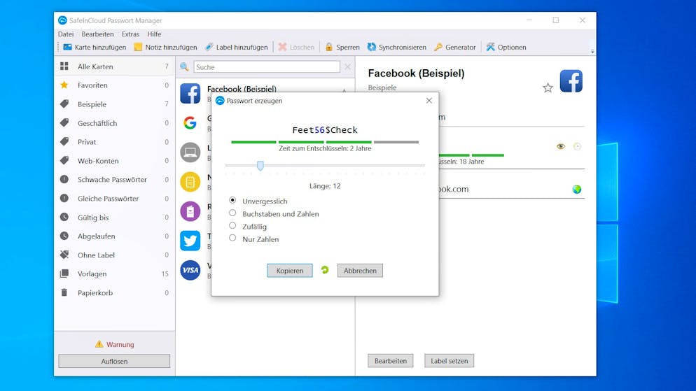 Leicht zu merkende Passwörter erstellen. Nun «Unvergesslich» auswählen. SafeInCloud schlägt dann Kombinationen aus Wörtern, Zahlen und Sonderzeichen vor, die «unvergesslich» sein sollen.