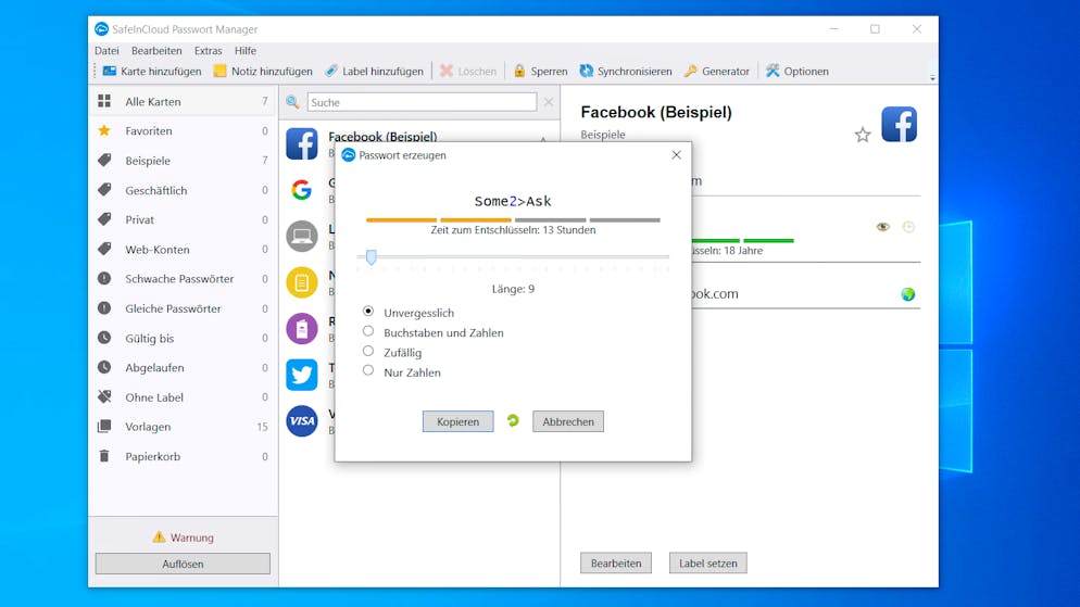 Leicht zu merkende Passwörter erstellen. Hier kann man wieder über die Länge die Komplexität reduzieren. Das macht das Passwort aber natürlich etwas unsicherer, worauf die App auch hinweist.