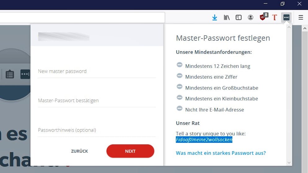 Leicht zu merkende Passwörter erstellen. Gleich bei der Erstellung des Master-Passworts gibt es hier einen Vorschlag, der mehr oder wenig einfach zu merken sein soll.