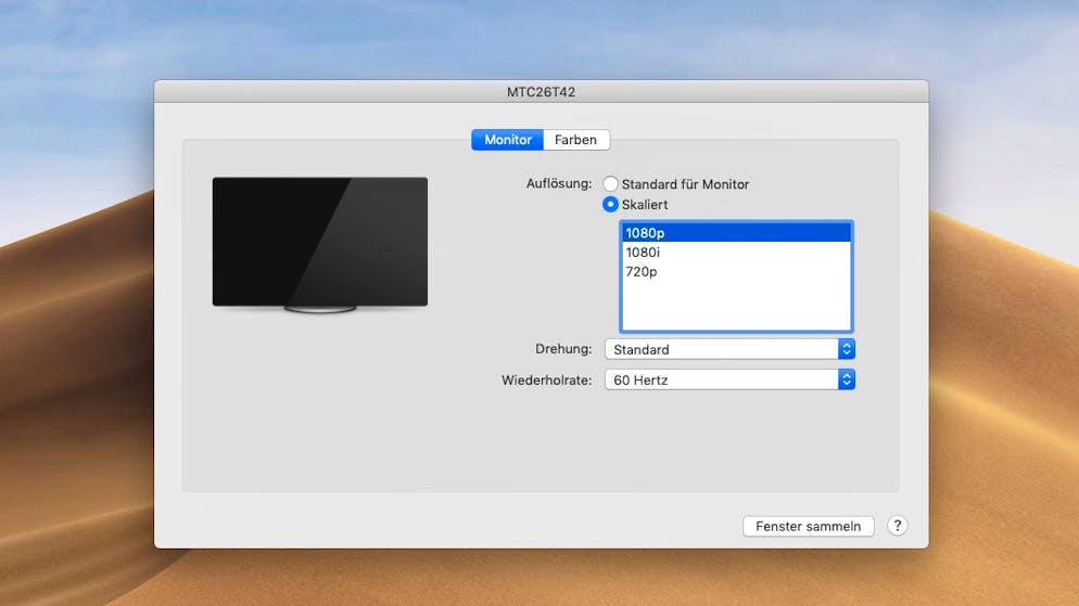 So Computer-Bildschirm einstellen. Auf macOS finden sich die Einstellungen für den Bildschirm in den Systemeinestellungen unter «Monitor» auch hier kann man natürlich die Auflösung ändern.
