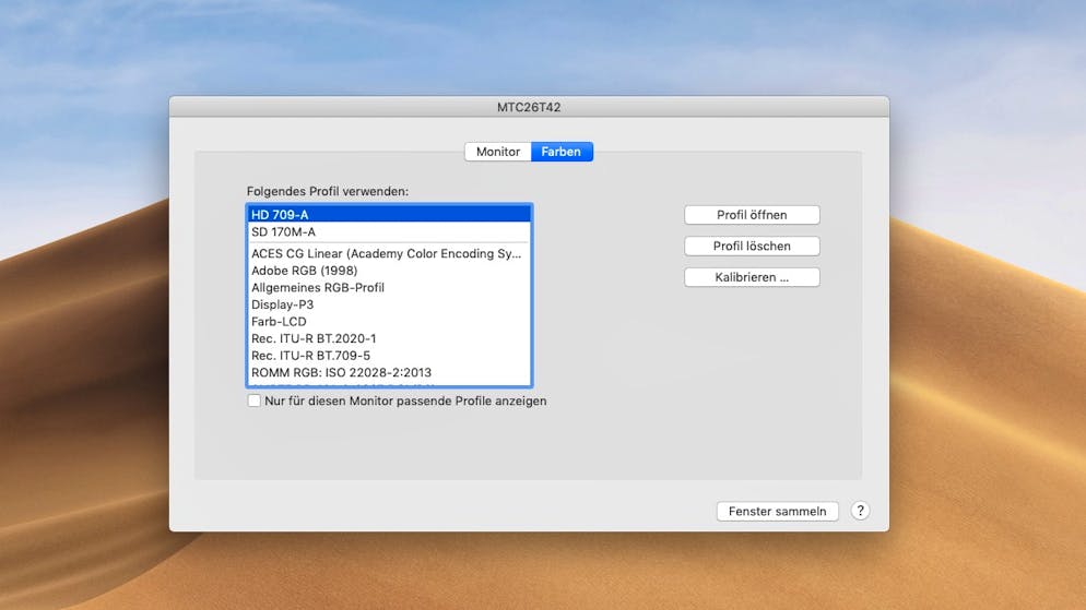 So Computer-Bildschirm einstellen. Mittels Farbprofile kann man jeden Monitor individuell anpassen. Neben mitgelieferten Profilen kann man solche durch Klicken auf «Kalibrieren» auch selbst herstellen.