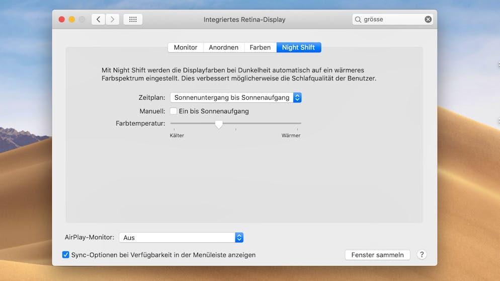 So Computer-Bildschirm einstellen. Der Nachtmodus nennt sich bei macOS Night Shift. Auch hier lässt sich dessen Intensität einstellen...