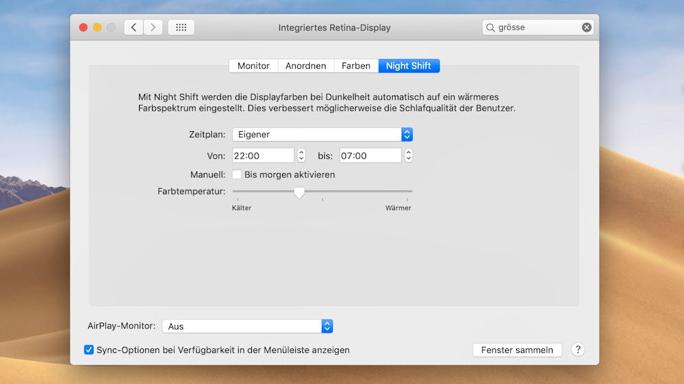 So Computer-Bildschirm einstellen. ...und ob er zum Sonnenuntergang oder einem anderen Zeitpunkt aktiviert werden soll.