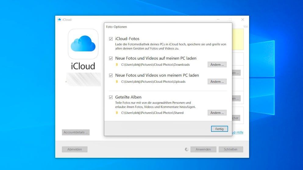 iCloud auf Windows und Android nutzen. Bei den Fotos lässt sich näher bestimmen, welche Ordner synchronisiert werden sollen.