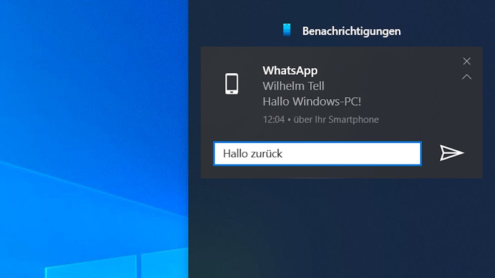 Android-Handy mit Windows verbinden. Handelt es sich um interaktive Benachrichtigungen, wie hier eine eingehende WhatsApp-Nachricht, lässt sich direkt aus der Benachrichtigungszentrale antworten. Die «Ihr Smartphone»-Windows-App muss also gar nicht geöffnet werden.