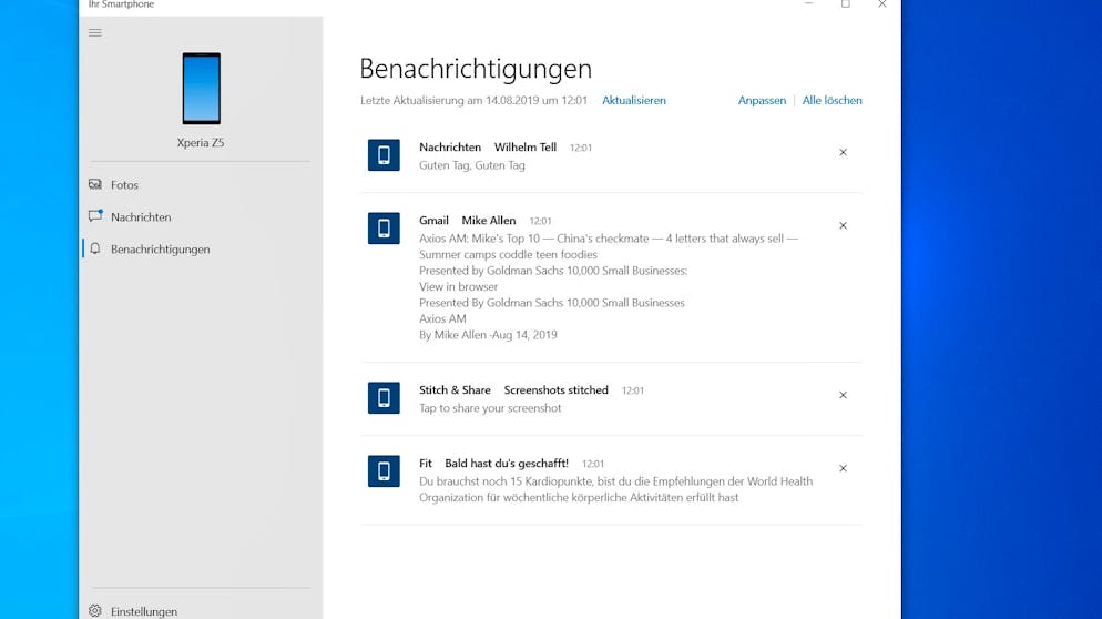 Android-Handy mit Windows verbinden. Nun erscheinen alle Benachrichtigungen des Smartphones auch in der Windows-App.
