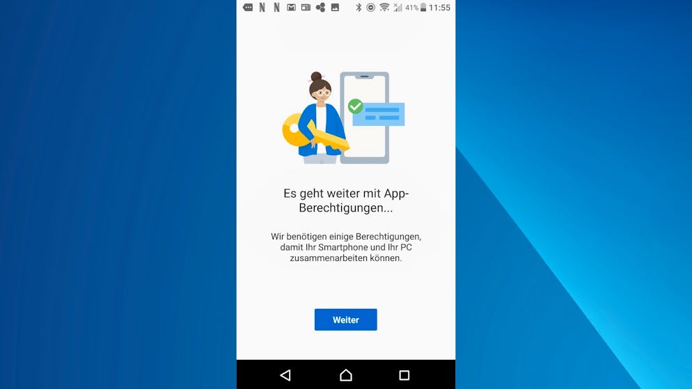 Android-Handy mit Windows verbinden. Danach braucht die Android-App eine Reihe von Berechtigungen, damit sie die Verbindung zum Windows-PC herstellen kann.