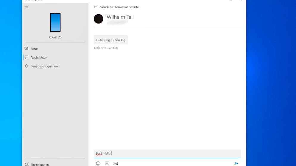Android-Handy mit Windows verbinden. Eingehende Nachrichten werden gespiegelt auf dem Computer angezeigt, hier verfasste Antworten werden von dem Smartphone aus an den Empfänger geschickt. Allfällige Gebühren für den Versand von SMS fallen dann natürlich ganz normal an.