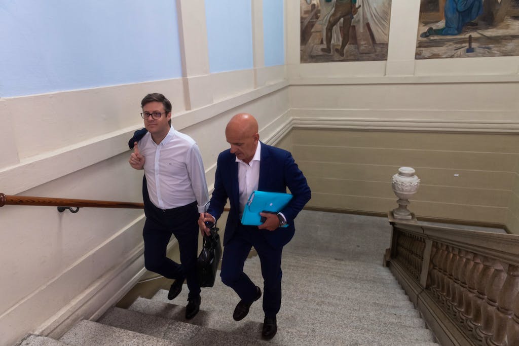Lugano: riunione del Consiglio di Amministrazione del Lugano Airport. Nella foto da sinistra Tobiolo Gianella, membro del Cda, e il direttore di Lugano Airport Maurizio Merlo all'arrivo alla riunione del CdA.