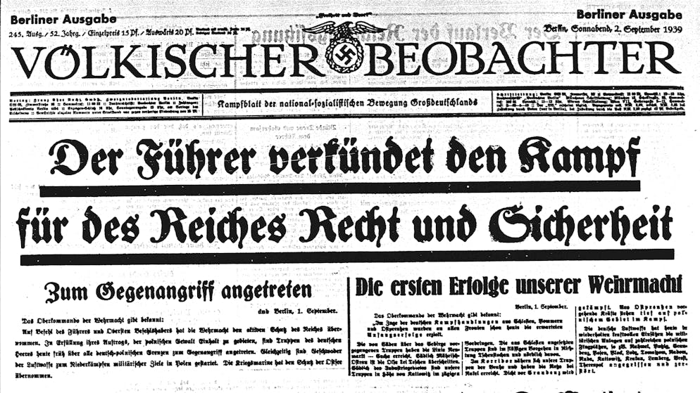 Von wegen «Gegenangriff»: Der «Völische Beobachter» vom 2. September 1939.