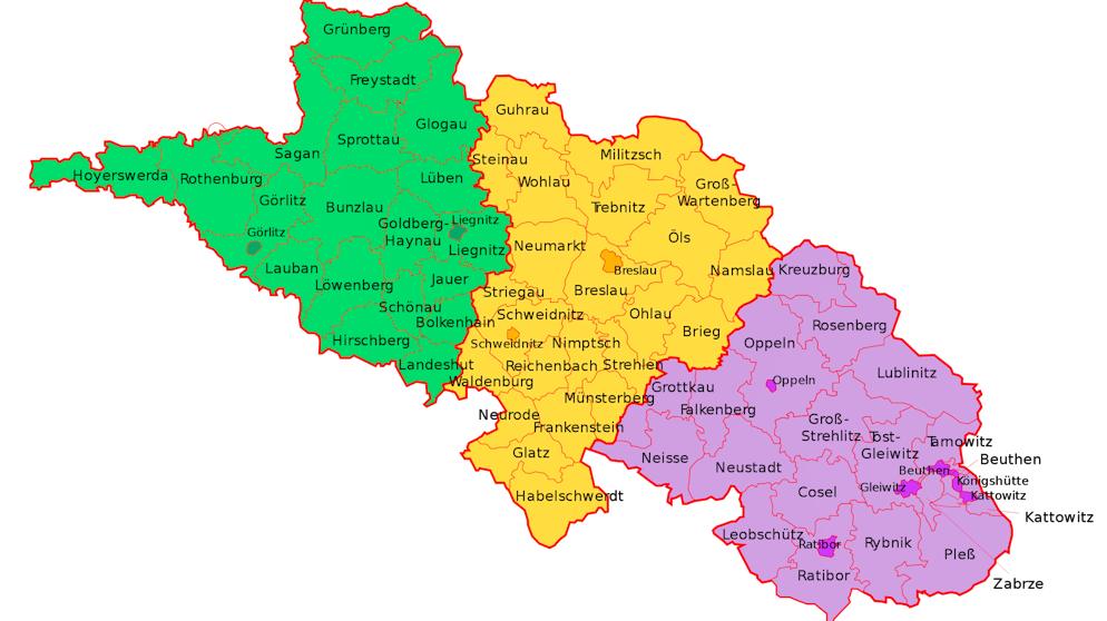Der «ponische Überfall» auf den deutschen Sender in Gleiwitz 1939. Die schlesischen Verwaltungsbezirke vor dem Versailler Frieden: Auch in Rybnik und im Bezirk Oppeln führte die SS am 31. August 1939 Aktionen wie in Gleiwitz durch.