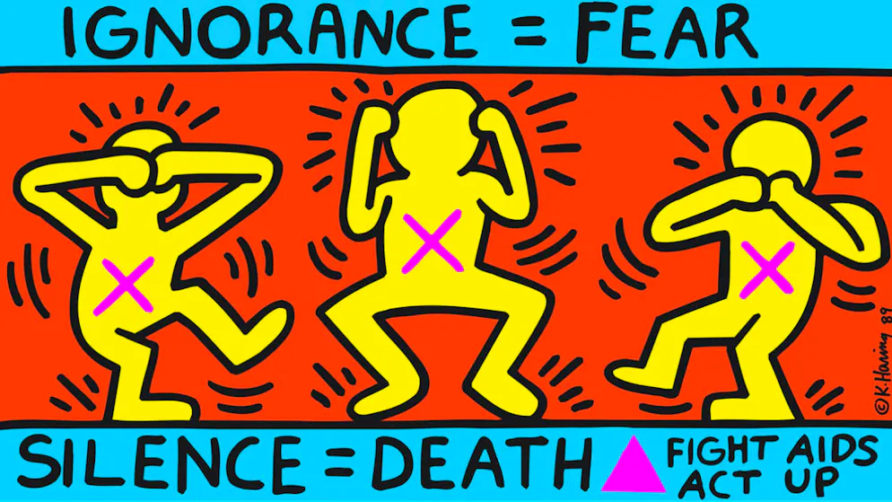 Das Werk «Ignorance = Fear, Silence = Death» (1989) von Keith Haring ist Teil der Ausstellung «United by AIDS» im Migros Museum in Zürich. Sie dauert vom 31. August bis 10. November 2019.