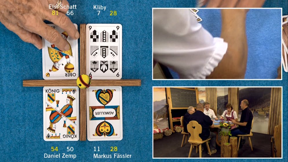 «Top Jass»: Die Bilder. Der letzte Stich der ersten Runde: Leider haben Kliby und Caroline schon 21 Differenzpunkte eingefahren – das wird nichts mehr mit dem Sieg.
