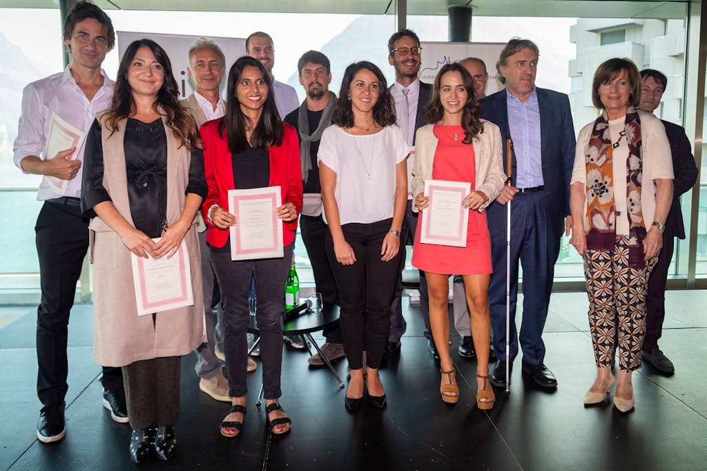Premio di Giornalismo della Svizzera italiana. Nella foto i premiati di Giornalismo della Svizzera italiana con Marco Travaglio, giornalista italiano, durante un momento dell'evento.