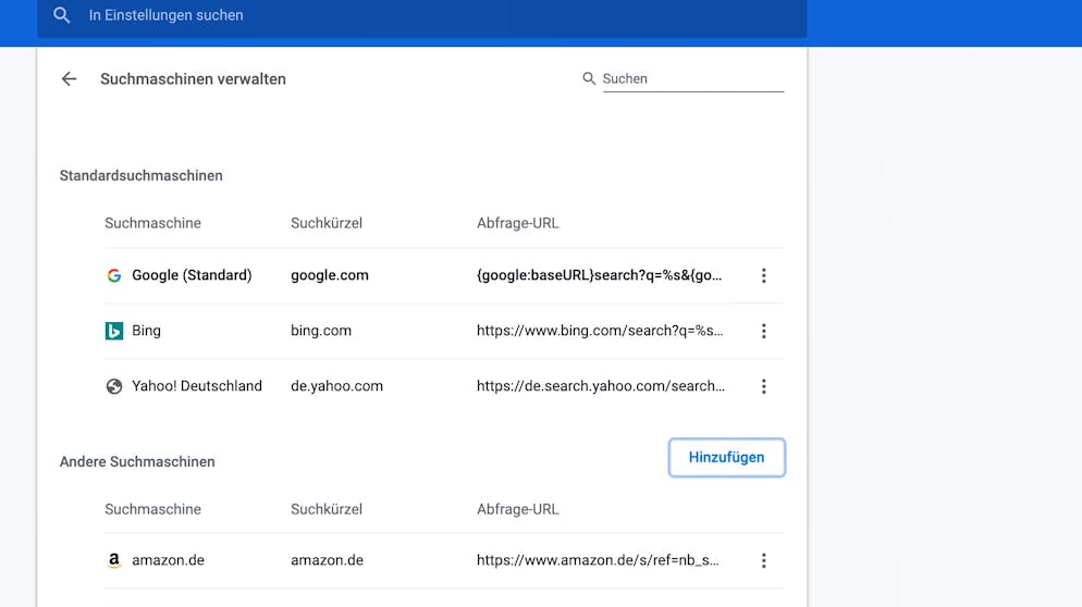 Das sind die besten Google-Alternativen. Klickt man auf «Suchmaschinen verwalten», vergrössert sich die Auswahl deutlich. Durch Klicken auf die drei Punkte bei jedem Eintrag kann man die jeweilige Suchmaschine zur Standard-Option machen.