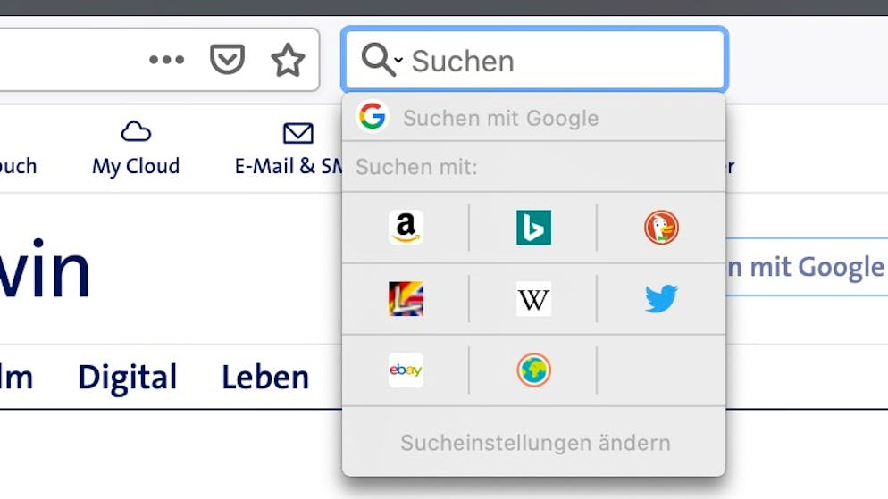 Das sind die besten Google-Alternativen. Bei Firefox muss man auf das Lupen-Symbol in der Suchleiste klicken. Nun gibt es eine Auswahl alternativer Suchmaschinen, die durch Klick auf «Sucheinstellungen ändern» nochmal deutlich grösser wird.