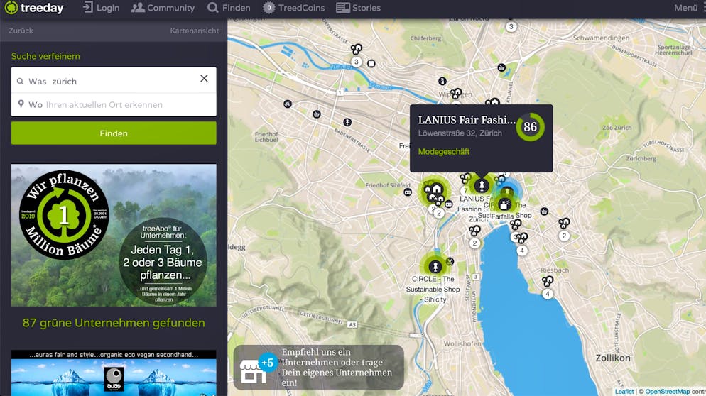 Das sind die besten Google-Alternativen. Einen eigenen Kartendienst hat Ecosia nicht, sondern leitet Nutzer zu anderen Anbietern weiter, etwa diese Öko-Maps von Treeday.
