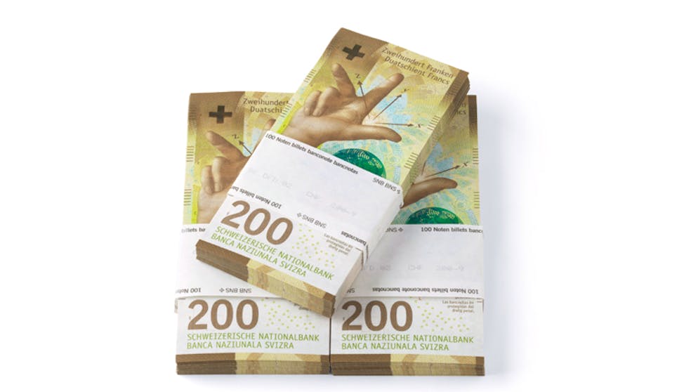 Die neunte Schweizer Banknoten-Serie. Die Hand auf der Vorderseite steht dabei für die drei Achsen des Raums.