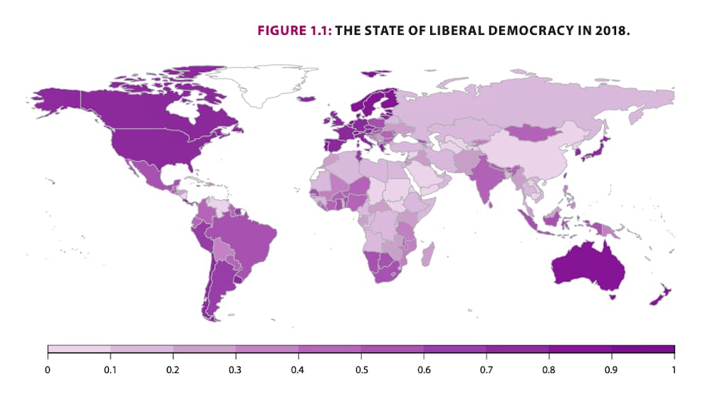 Demokratie in der Krise?. V-Dem veröffentlicht jährlich einen Report zur politischen Weltlage. Die Grafik zeigt, wie frei das politische System in einzelnen Ländern ist. Je dunkler, desto demokratischer.