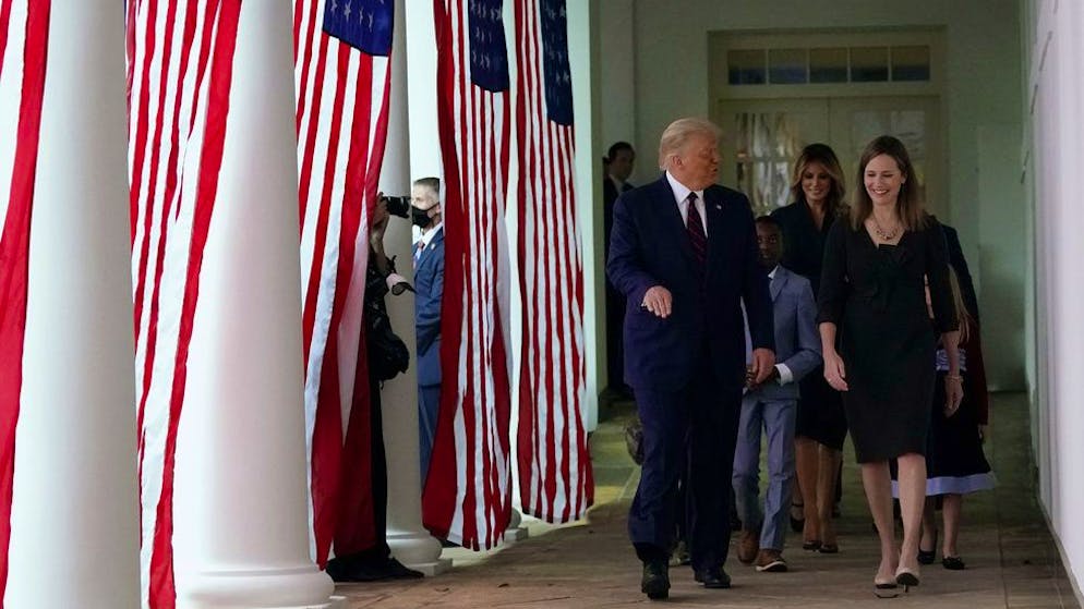 President Donald Trump walks along the ColonnadeâÄ with Judge Amy Coney Barrett to a news conference to announce Barrett as his nominee to the Supreme Court, in the Rose Garden at the White House, Saturday, Sept. 26, 2020, in Washington. (AP Photo/Alex Brandon)