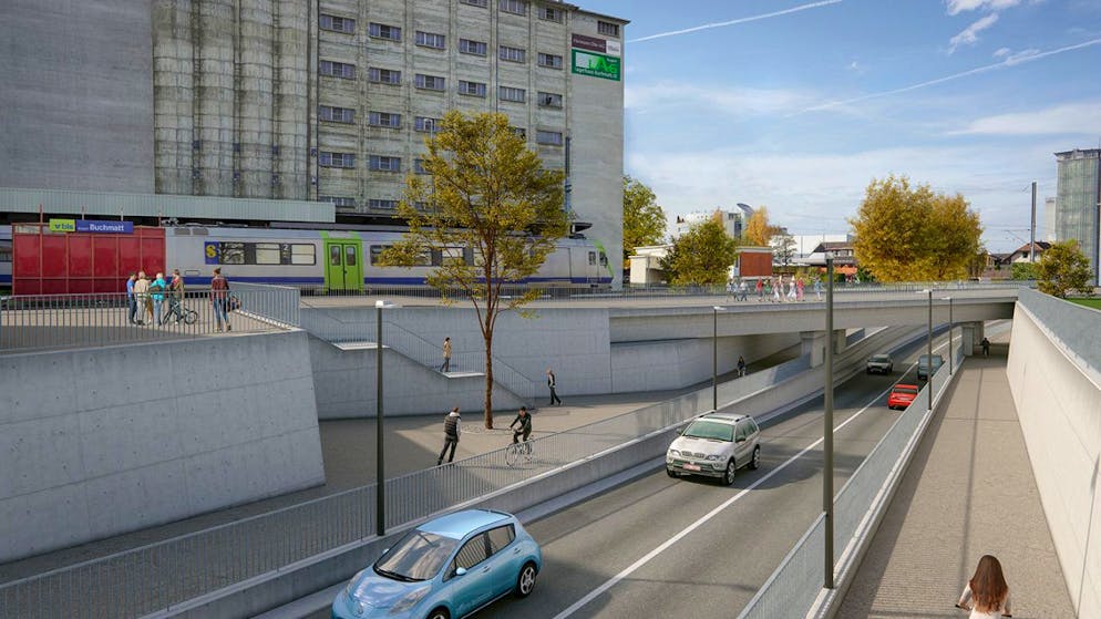 In der Burgdorfer Buchmatt, wo heute Autofahrer oft vor geschlossenen Bahnschranken warten, wird künftig die Strasse unter der Bahn hindurch geführt.