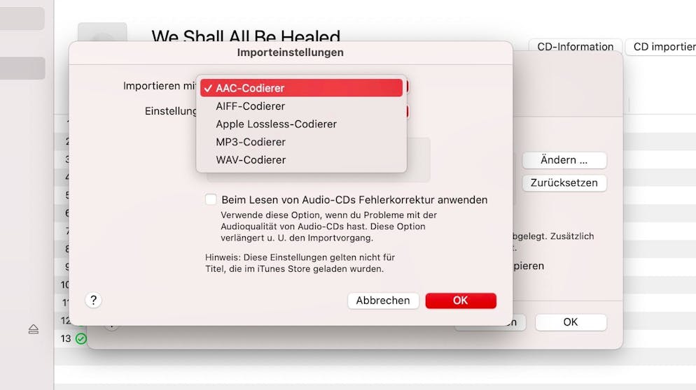So Musik von CDs bei Windows und Mac übertragen. Unter «Importeinstellungen» kann man das Format ...