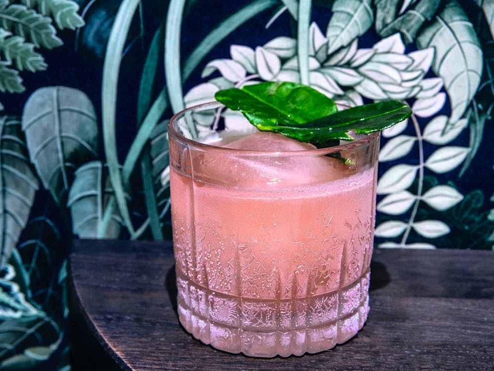 Sloe & Kaffee im Botanic District in Hamburg: Sloe Gin, Kaffirlimetten-Sirup, Limettensaft und gefrorene Kaffirlimetten-Blätter.