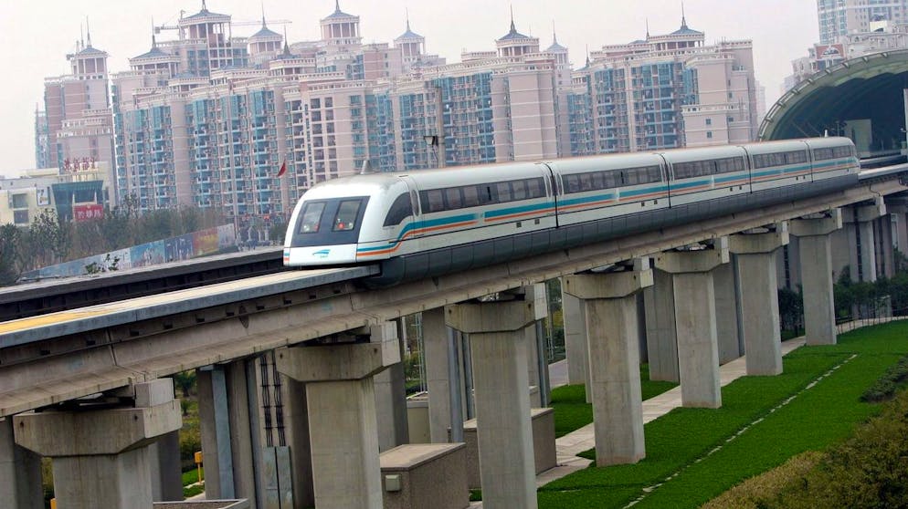 A Transrapid train during test operation in Shanghai Tuesday 30 December 2003. The train line links Shanghai to its airport. The Transrapid train was developed by a consortium of the German industrial groups ThyssenKrupp and Siemens. EPA/SHEN YU