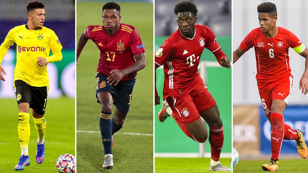 Gehören zu den wertvollsten Jugendspieler der Welt: Jadon Sancho (l.), Ansu Fati, Alphonso Davies und Simon Sohm.