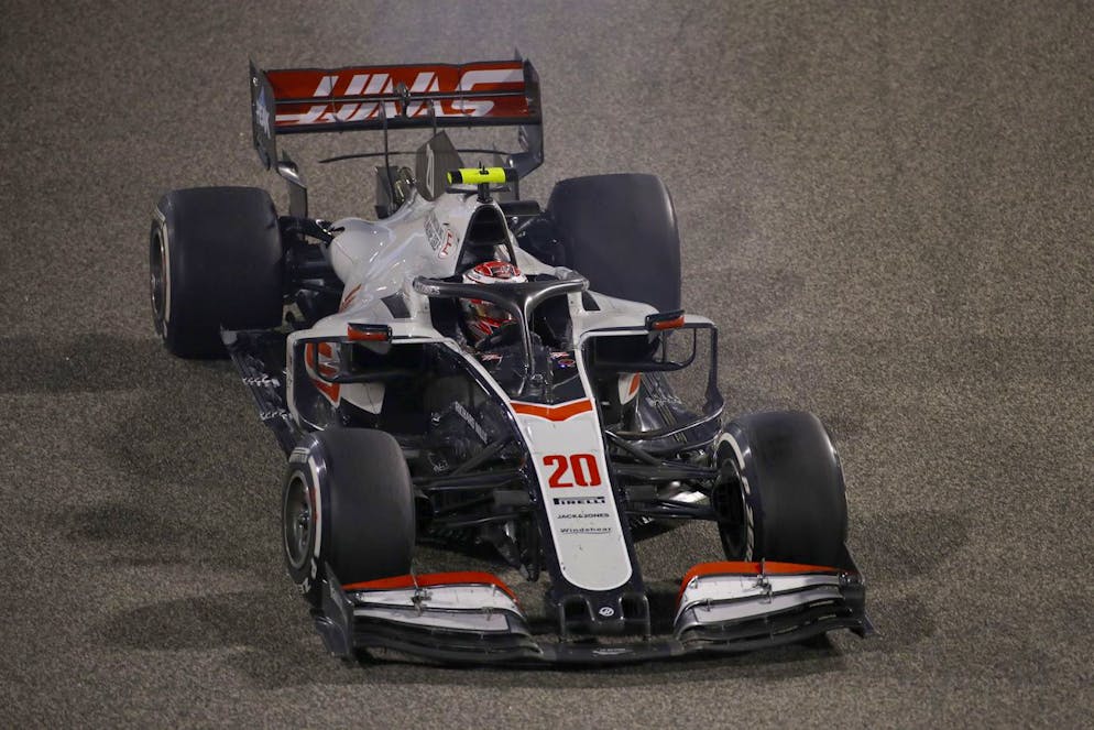 Haas driver Kevin Magnussen of Denmark steers his car during the Formula One race in Bahrain International Circuit in Sakhir, Bahrain, Sunday, Nov. 29, 2020. (Brynn Lennon, Pool via AP)